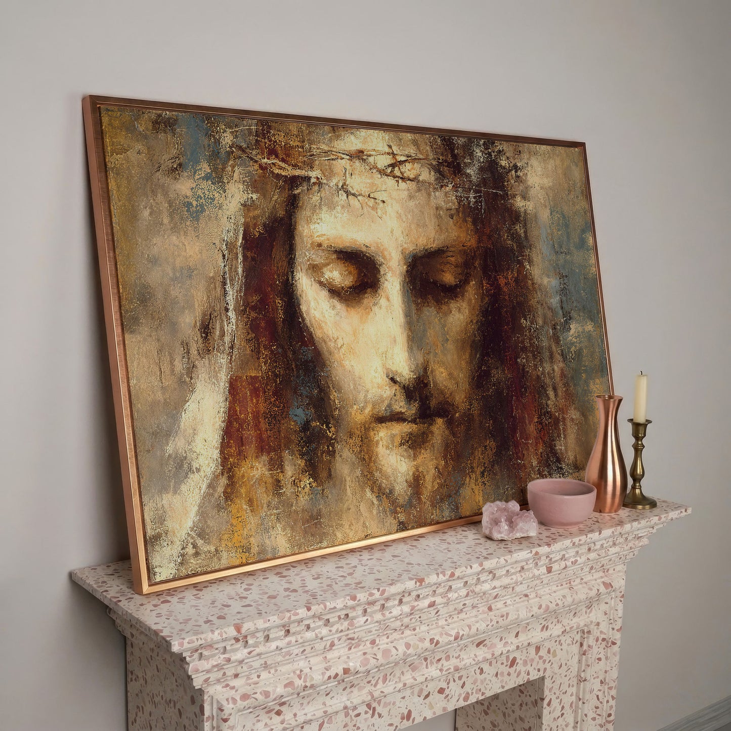 Holy Face of Jesus, Crown of Thorns. Canvas Wall Art in rose gold floating frame
