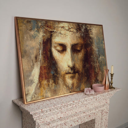 Holy Face of Jesus, Crown of Thorns. Canvas Wall Art in rose gold floating frame
