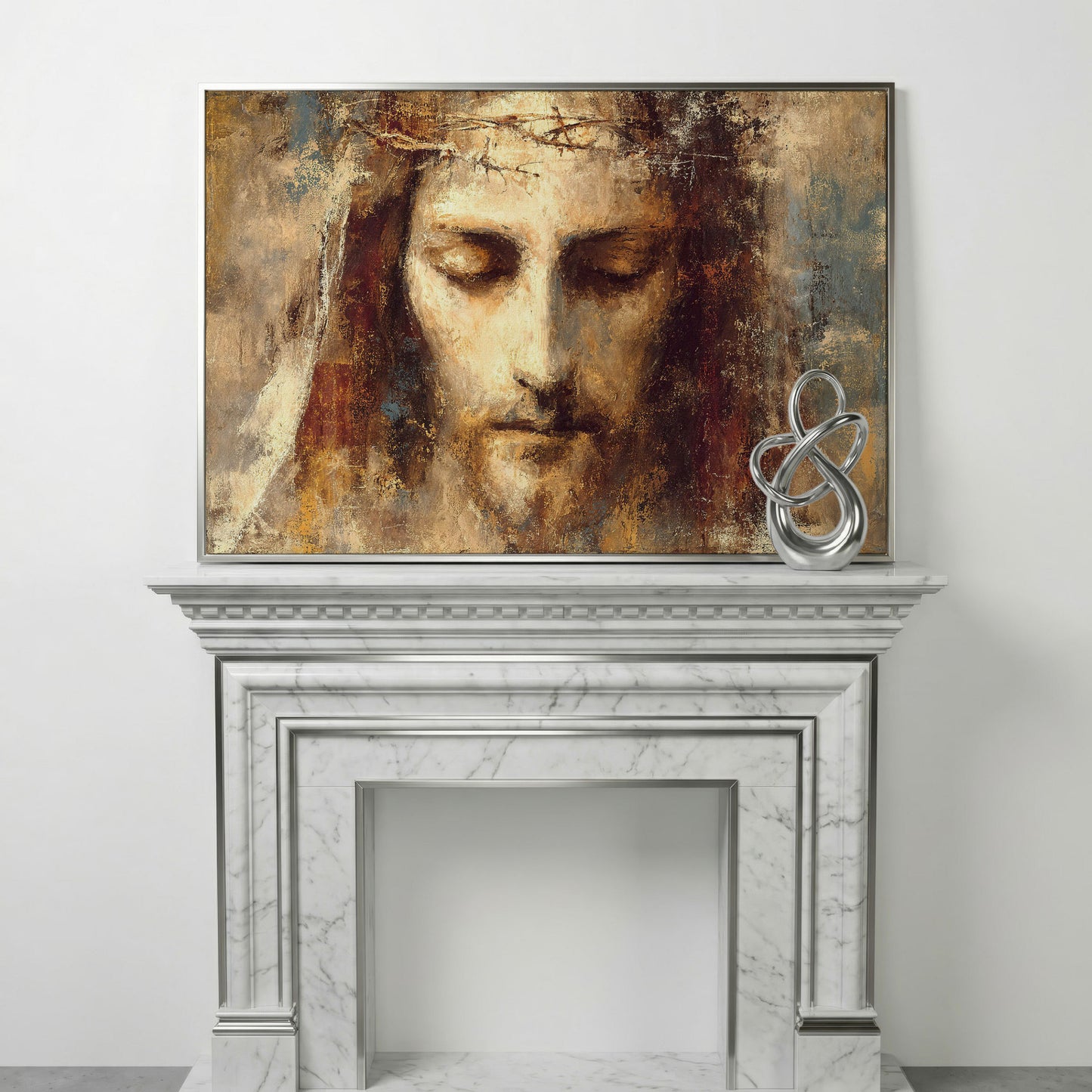 Holy Face of Jesus, Crown of Thorns. Canvas Wall Art in silver floating frame