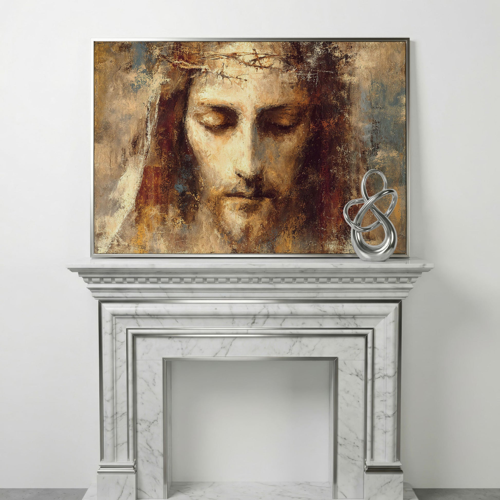 Holy Face of Jesus, Crown of Thorns. Canvas Wall Art in silver floating frame