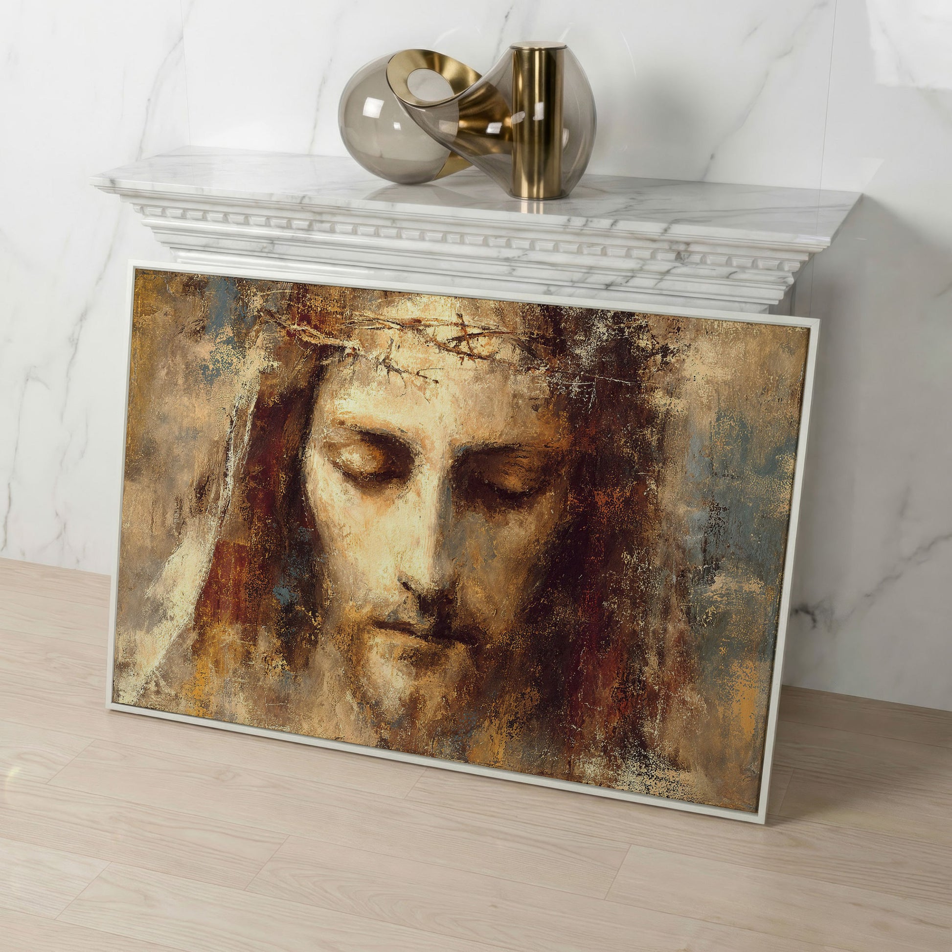 Holy Face of Jesus, Crown of Thorns. Canvas Wall Art in white floating frame