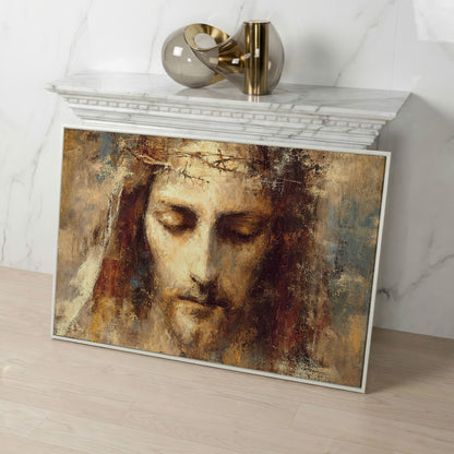 Holy Face of Jesus, Crown of Thorns. Canvas Wall Art in white floating frame