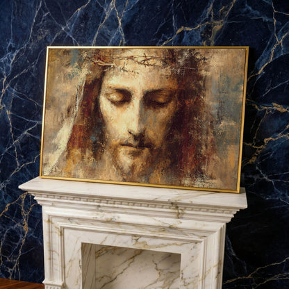 Holy Face of Jesus, Crown of Thorns. Canvas Wall Art in yellow gold floating frame
