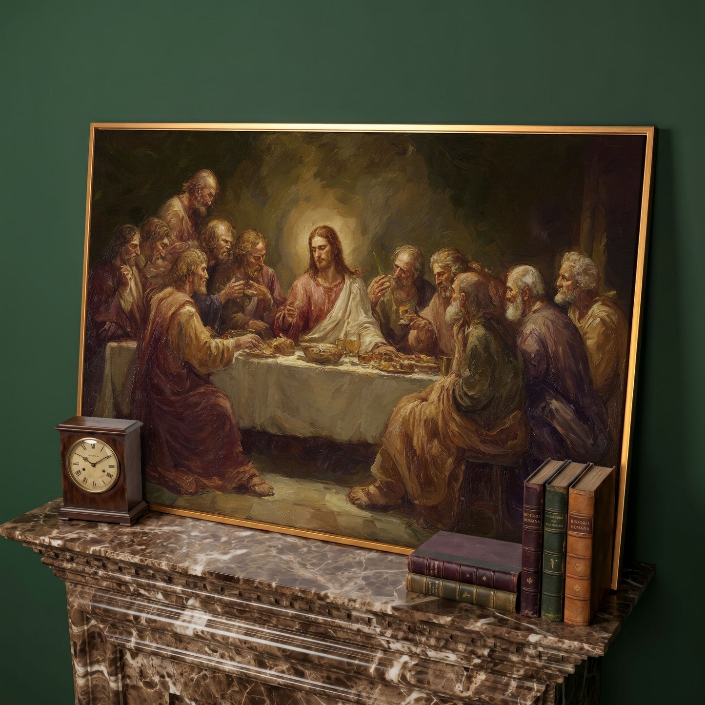 The Last Supper Canvas Wall Art, Jesus and Disciples Scene in antique gold floating frame