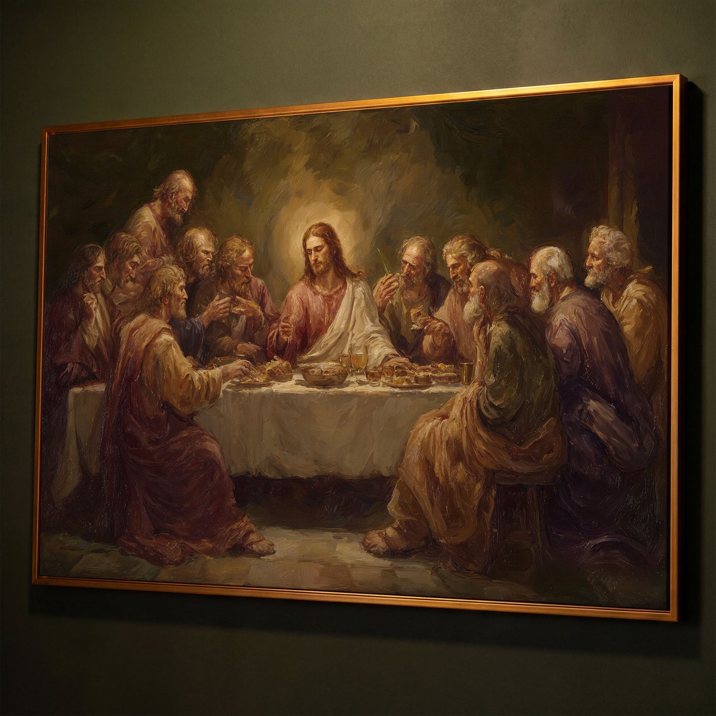 The Last Supper Canvas Wall Art, Jesus and Disciples Scene shown in antique gold floating frame