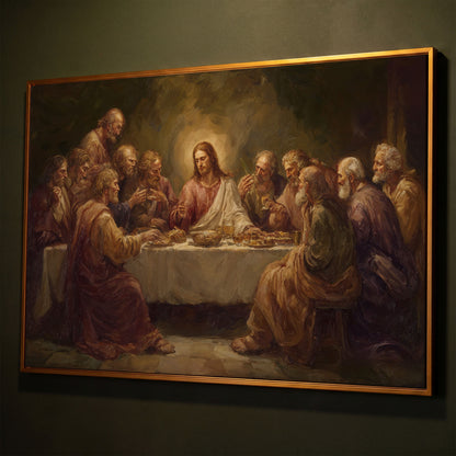 The Last Supper Canvas Wall Art, Jesus and Disciples Scene shown in antique gold floating frame