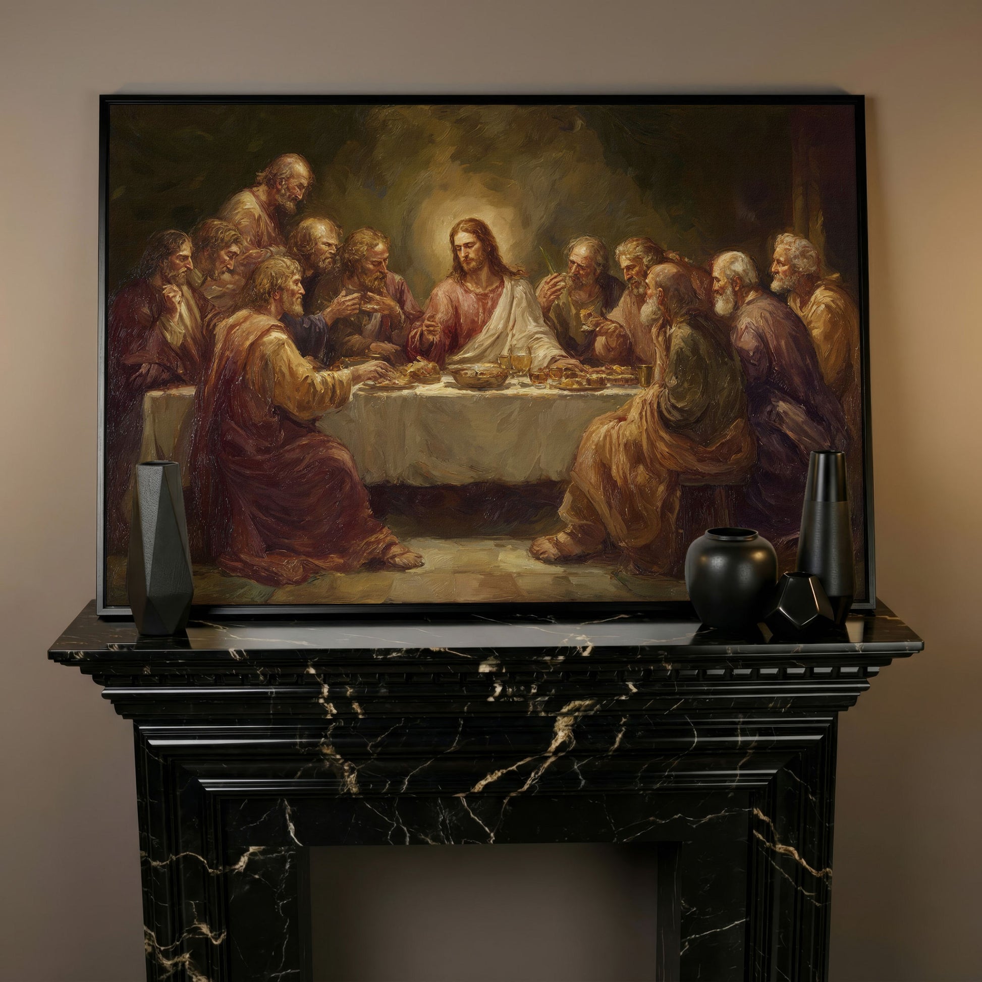 The Last Supper Canvas Wall Art, Jesus and Disciples Scene in black floating frame