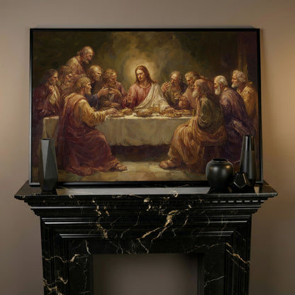 The Last Supper Canvas Wall Art, Jesus and Disciples Scene in black floating frame