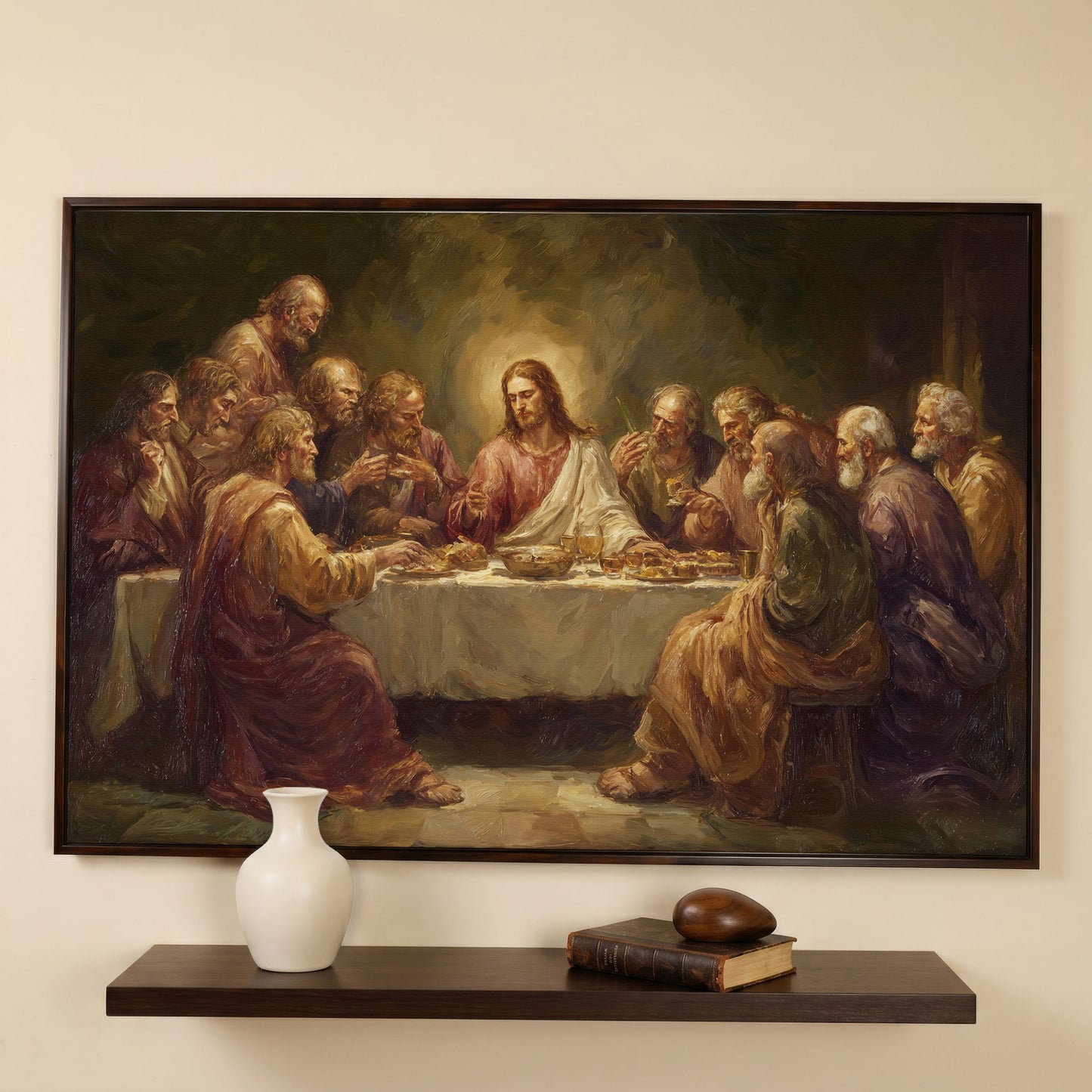 The Last Supper Canvas Wall Art, Jesus and Disciples Scene in dark walnut floating frame