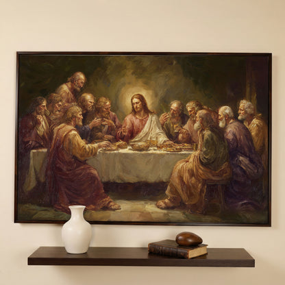 The Last Supper Canvas Wall Art, Jesus and Disciples Scene in dark walnut floating frame