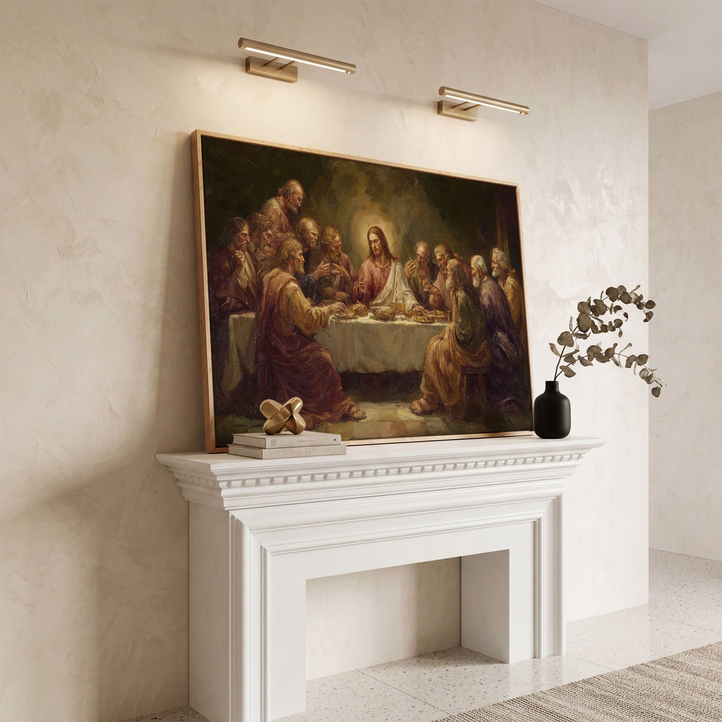 The Last Supper Canvas Wall Art, Jesus and Disciples Scene in white oak floating frame