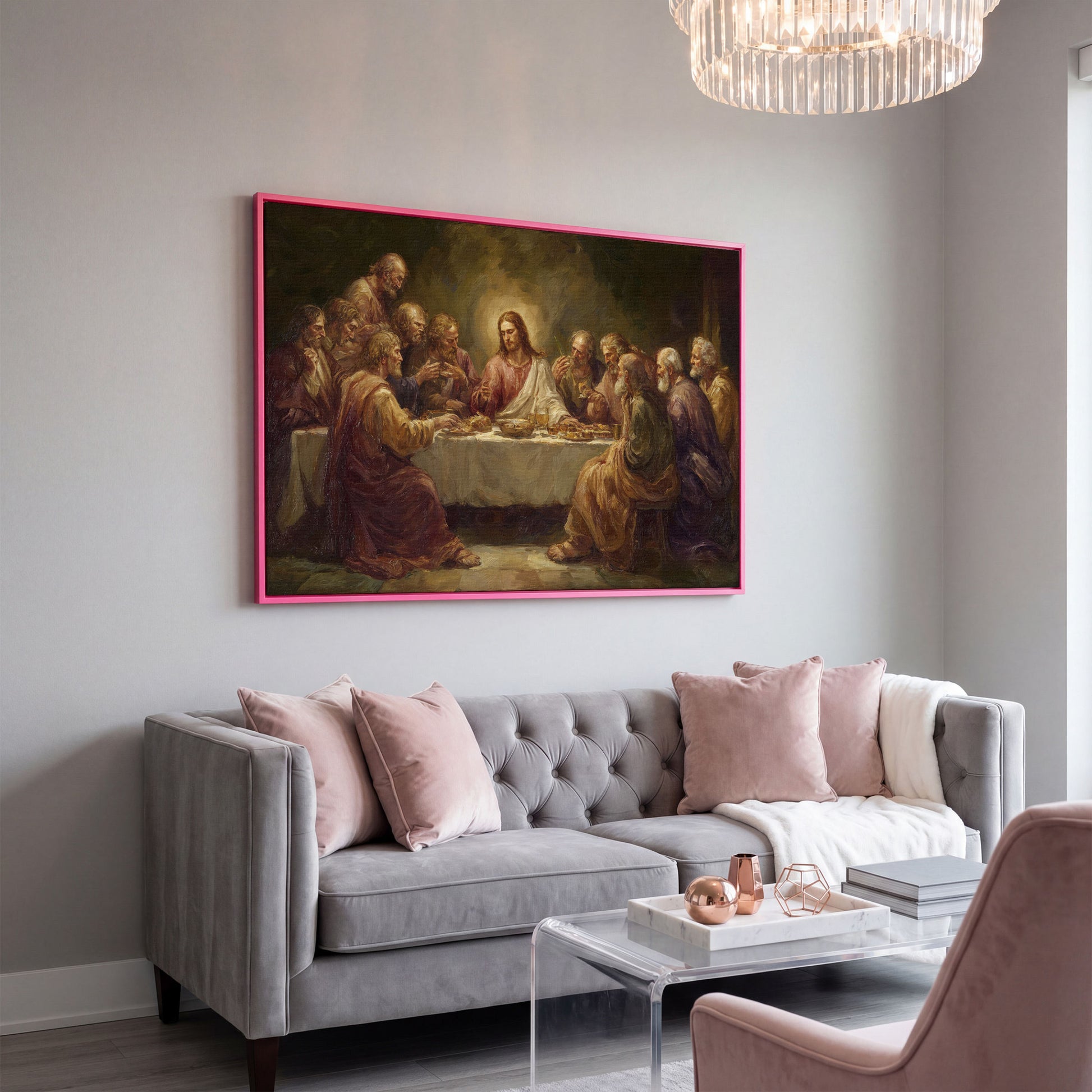 The Last Supper Canvas Wall Art, Jesus and Disciples Scene in pink floating frame