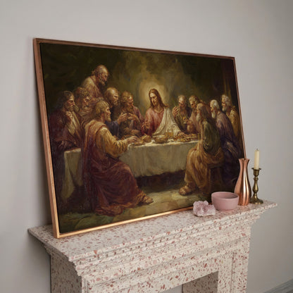 The Last Supper Canvas Wall Art, Jesus and Disciples Scene in rose gold floating frame