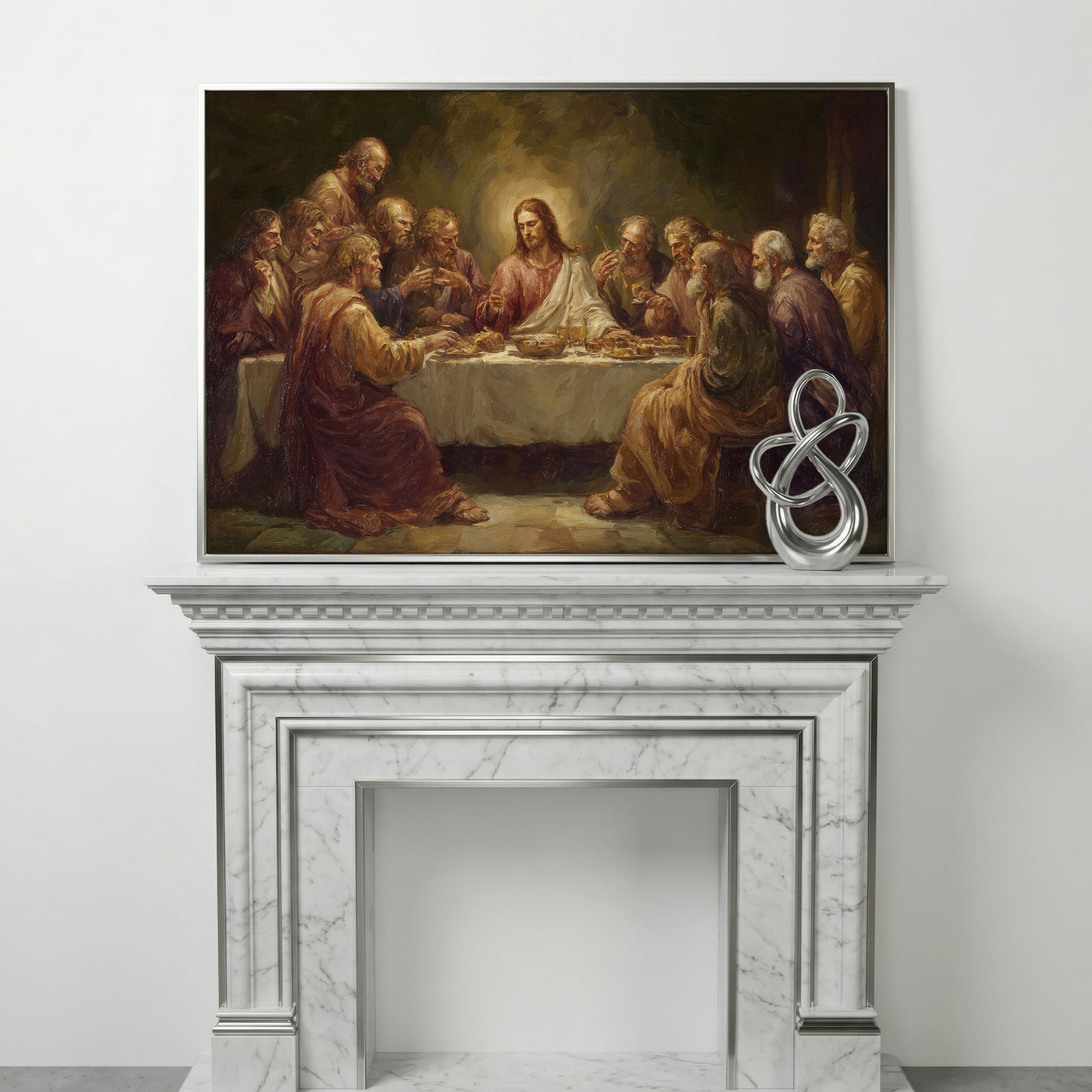The Last Supper Canvas Wall Art, Jesus and Disciples Scene in silver floating frame