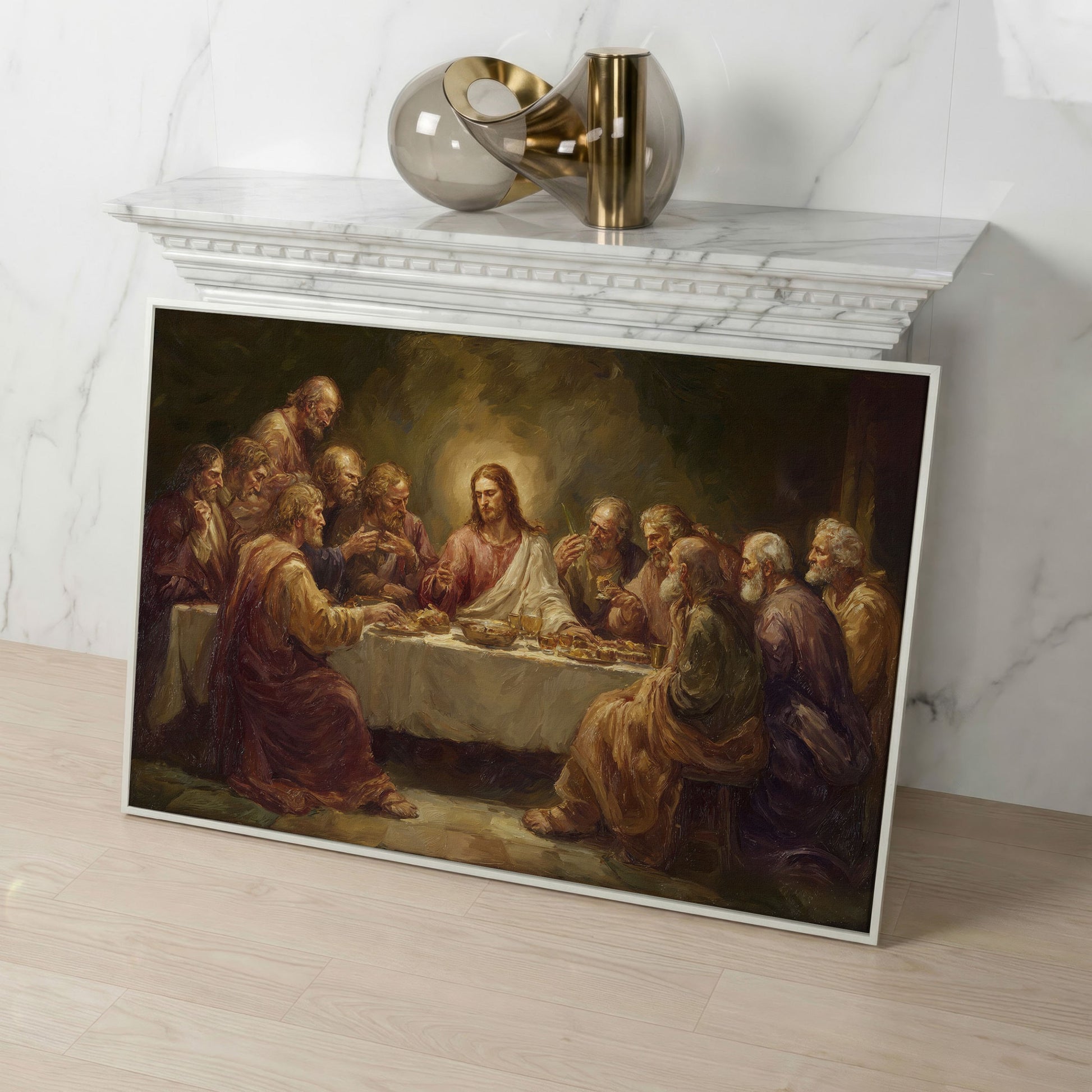 The Last Supper Canvas Wall Art, Jesus and Disciples Scene in white floating frame