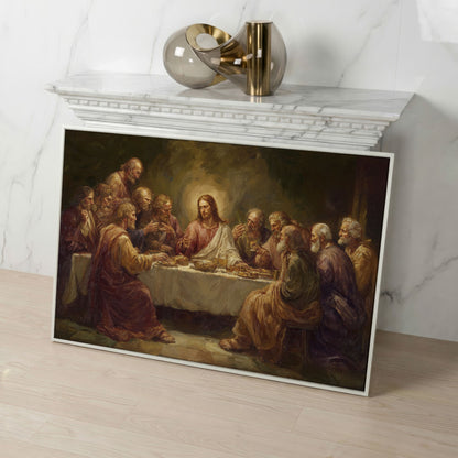 The Last Supper Canvas Wall Art, Jesus and Disciples Scene in white floating frame