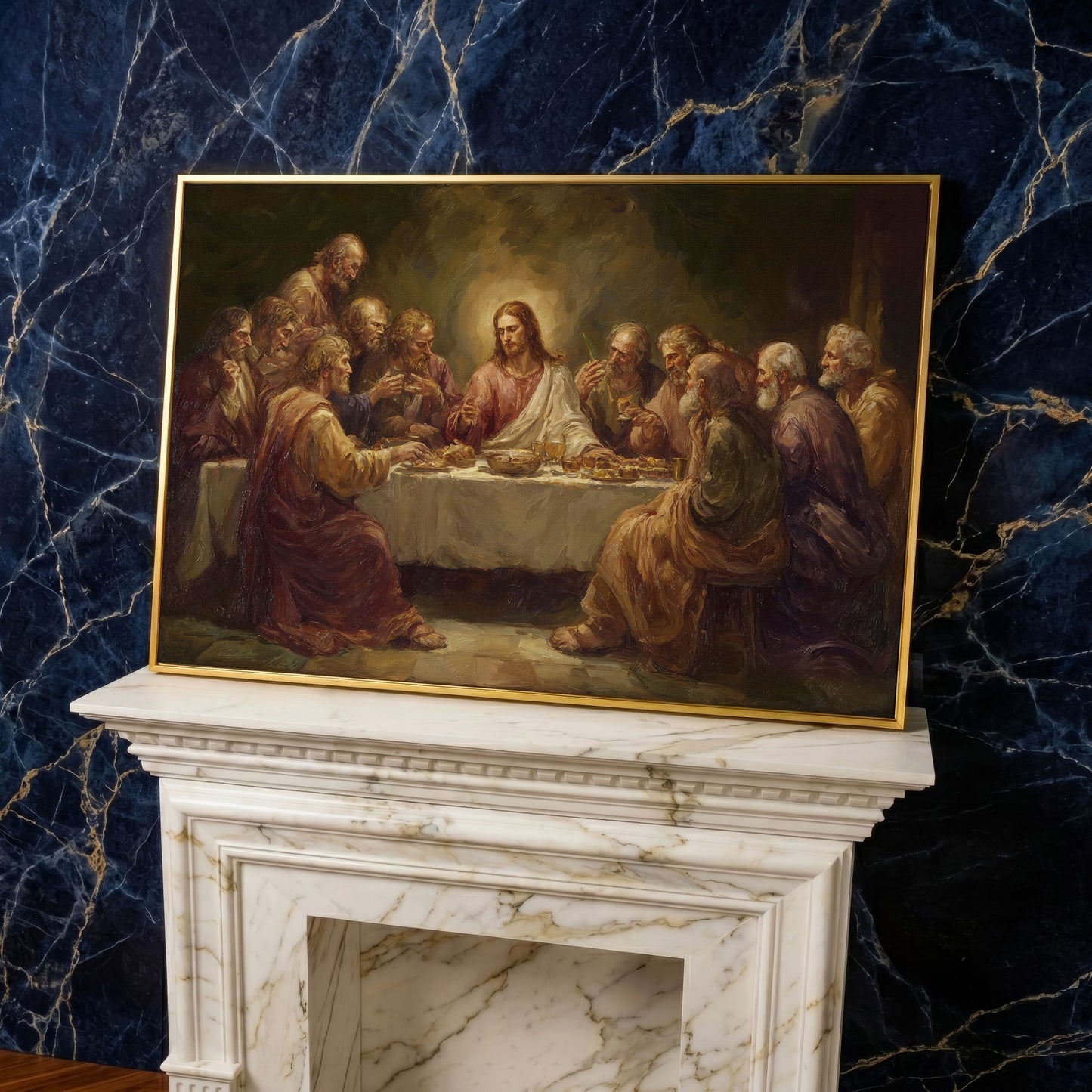 The Last Supper Canvas Wall Art, Jesus and Disciples Scene in yellow gold floating frame