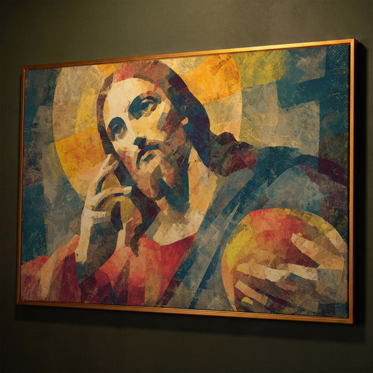 Portrait of Jesus Christ Canvas Wall Art shown in antique gold floating frame
