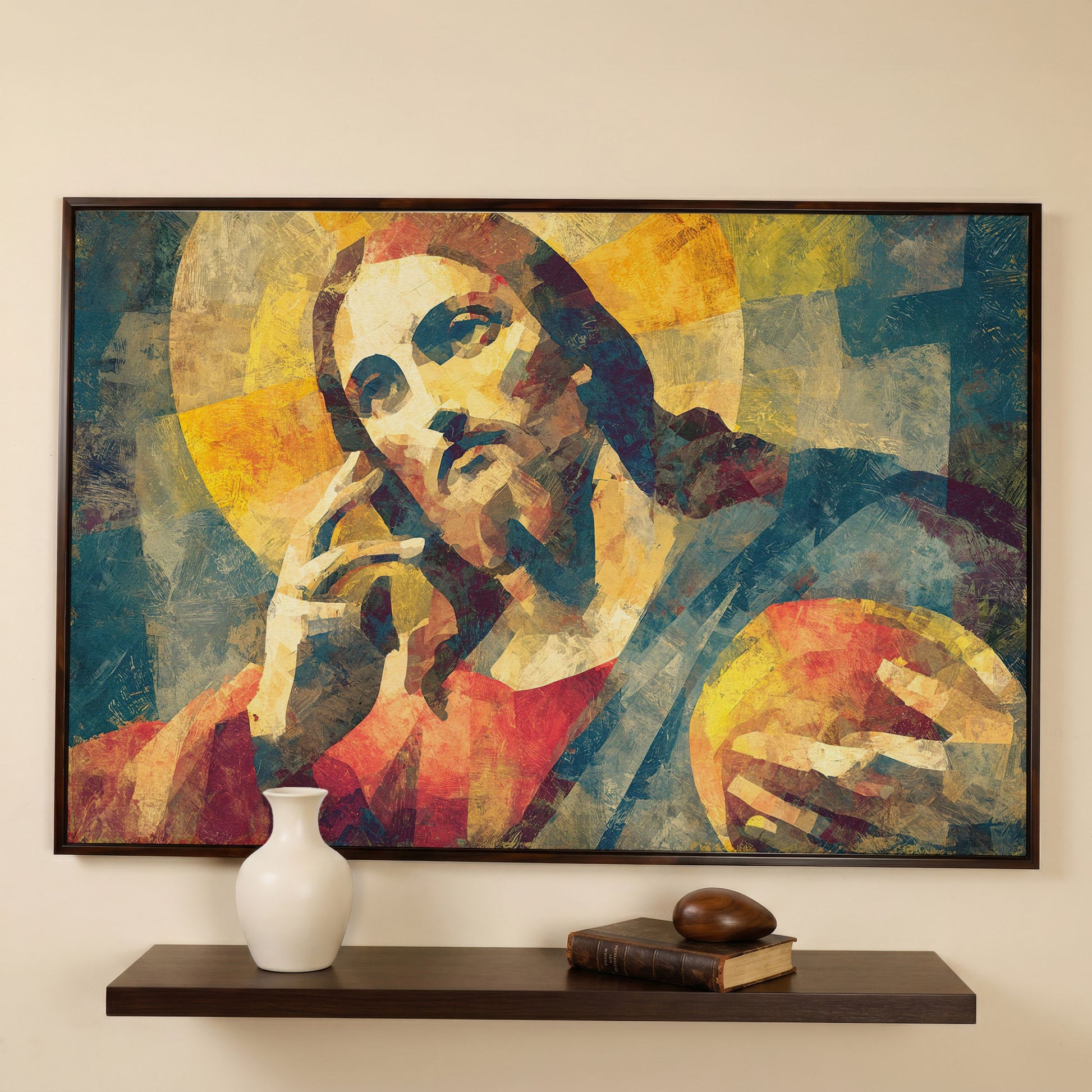 Portrait of Jesus Christ Canvas Wall Art in dark walnut floating frame