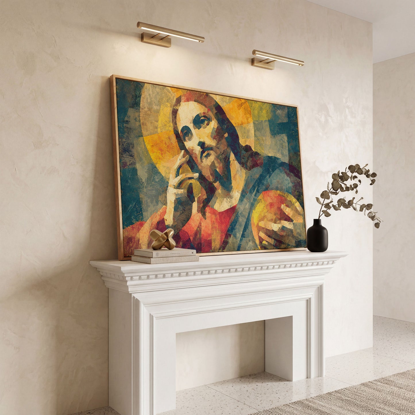 Portrait of Jesus Christ Canvas Wall Art in white oak floating frame