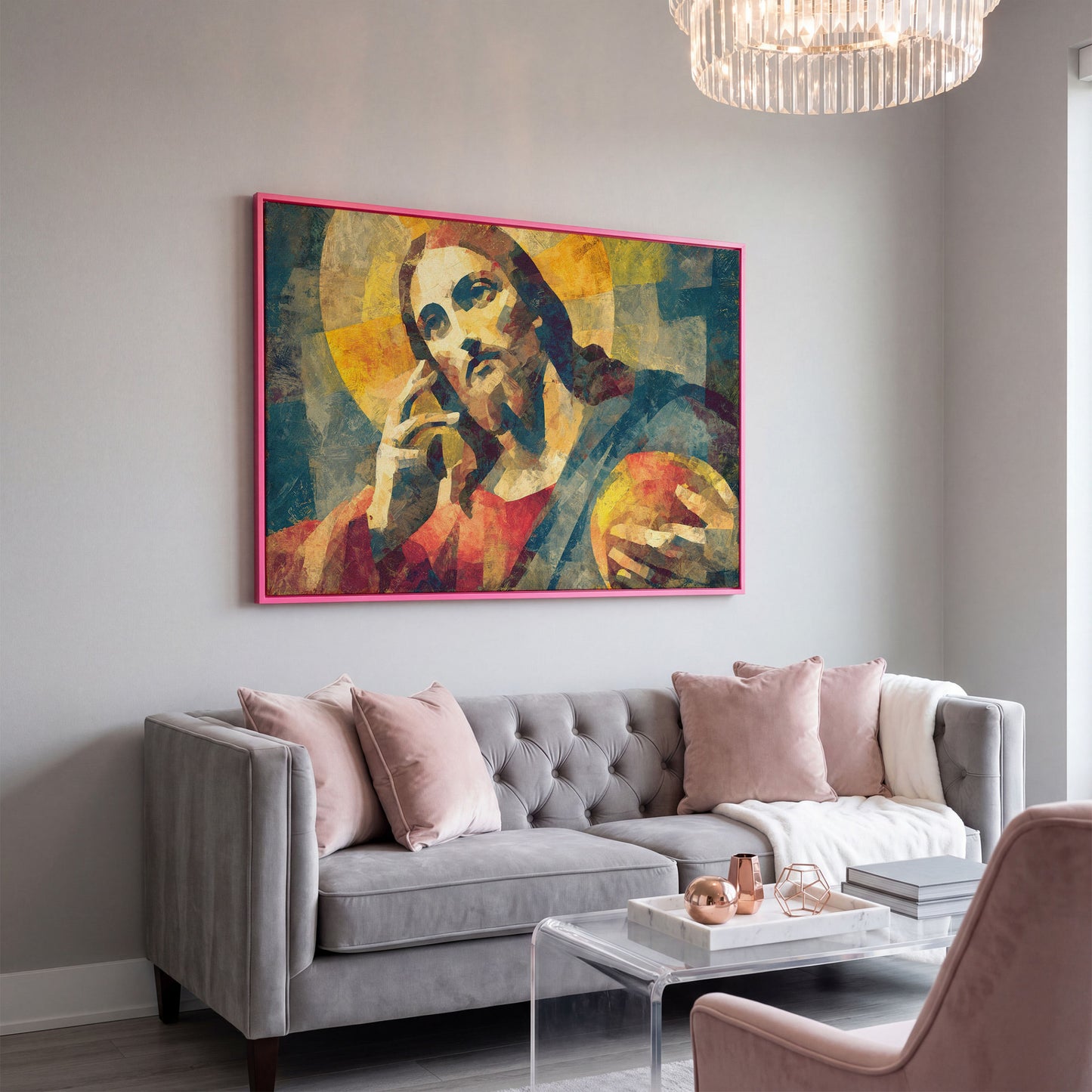 Portrait of Jesus Christ Canvas Wall Art in pink floating frame