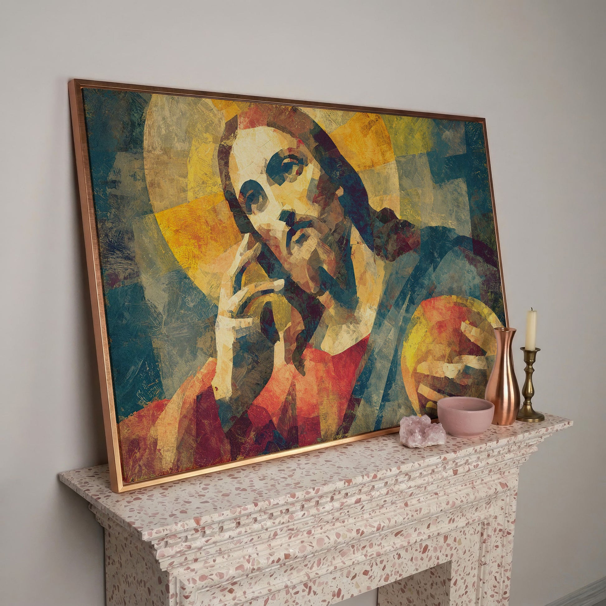 Portrait of Jesus Christ Canvas Wall Art in rose gold floating frame