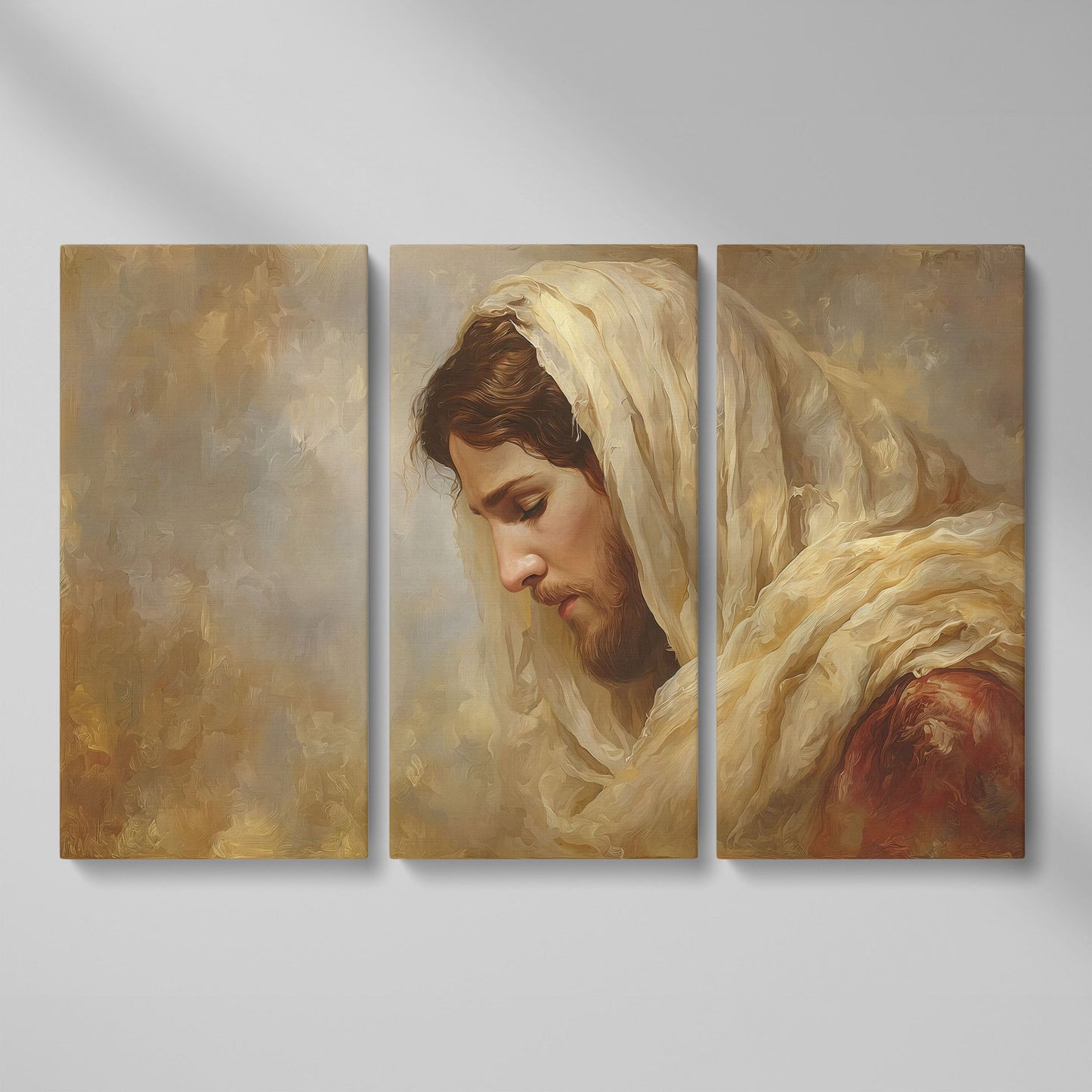 Jesus Christ Bowed in Prayer. Canvas Wall Art Portrait as 3-panel split version