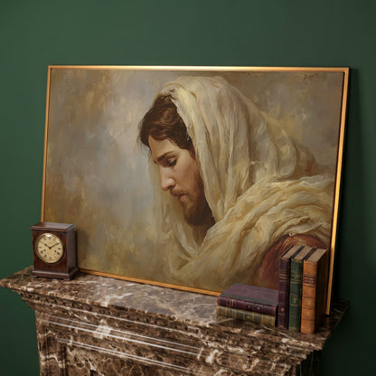 Jesus Christ Bowed in Prayer. Canvas Wall Art Portrait in antique gold floating frame