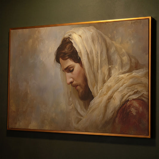Jesus Christ Bowed in Prayer. Canvas Wall Art Portrait shown in antique gold floating frame