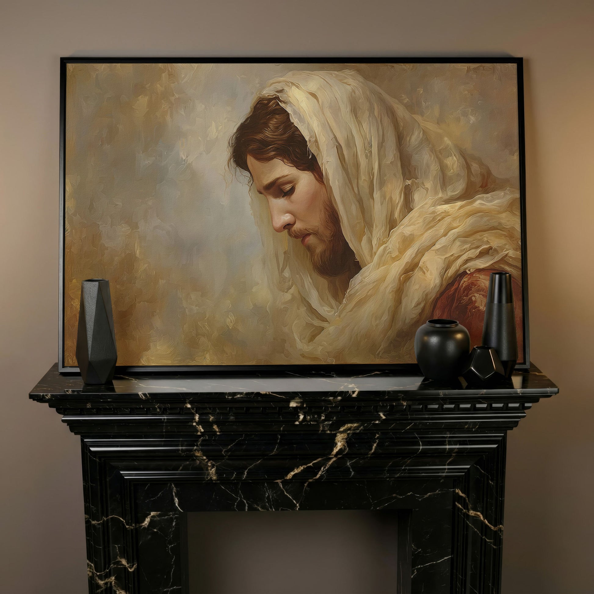 Jesus Christ Bowed in Prayer. Canvas Wall Art Portrait in black floating frame