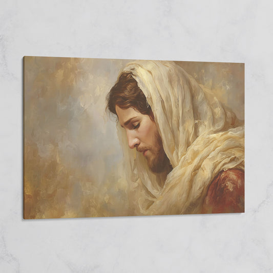 Jesus Christ Bowed in Prayer. Canvas Wall Art Portrait on gallery wrap