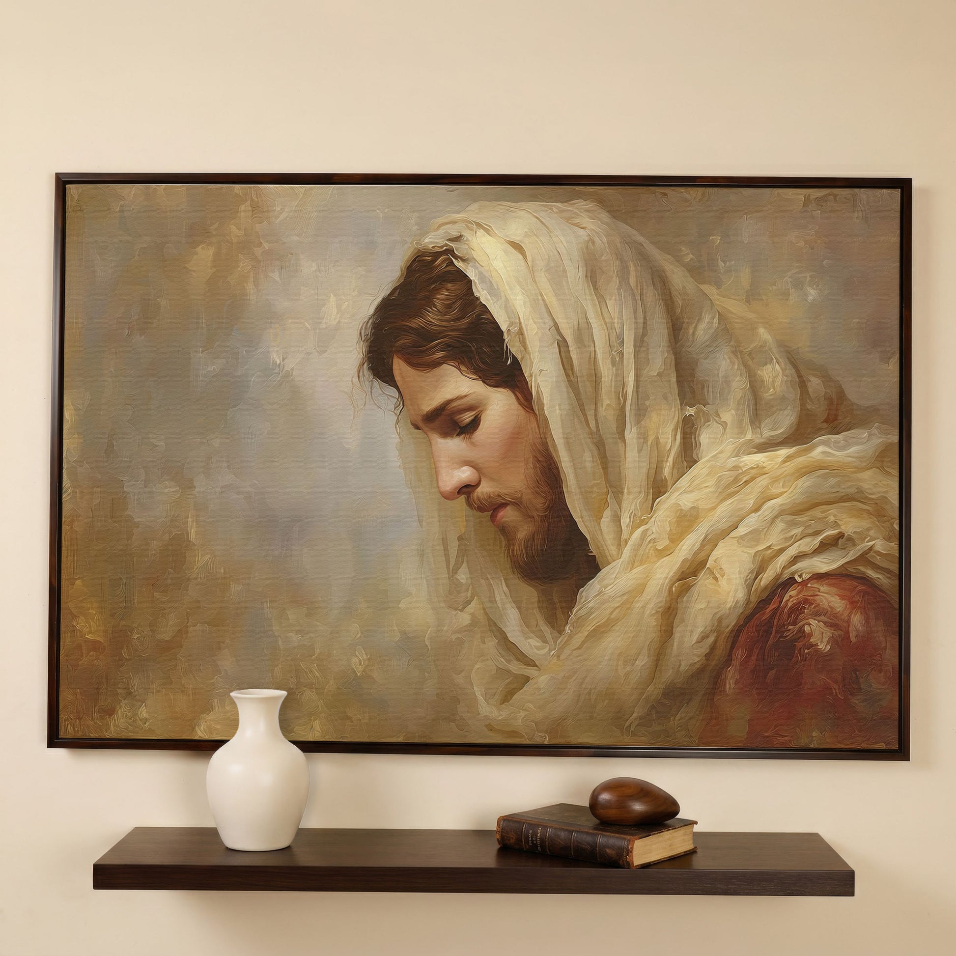 Jesus Christ Bowed in Prayer. Canvas Wall Art Portrait in dark walnut floating frame