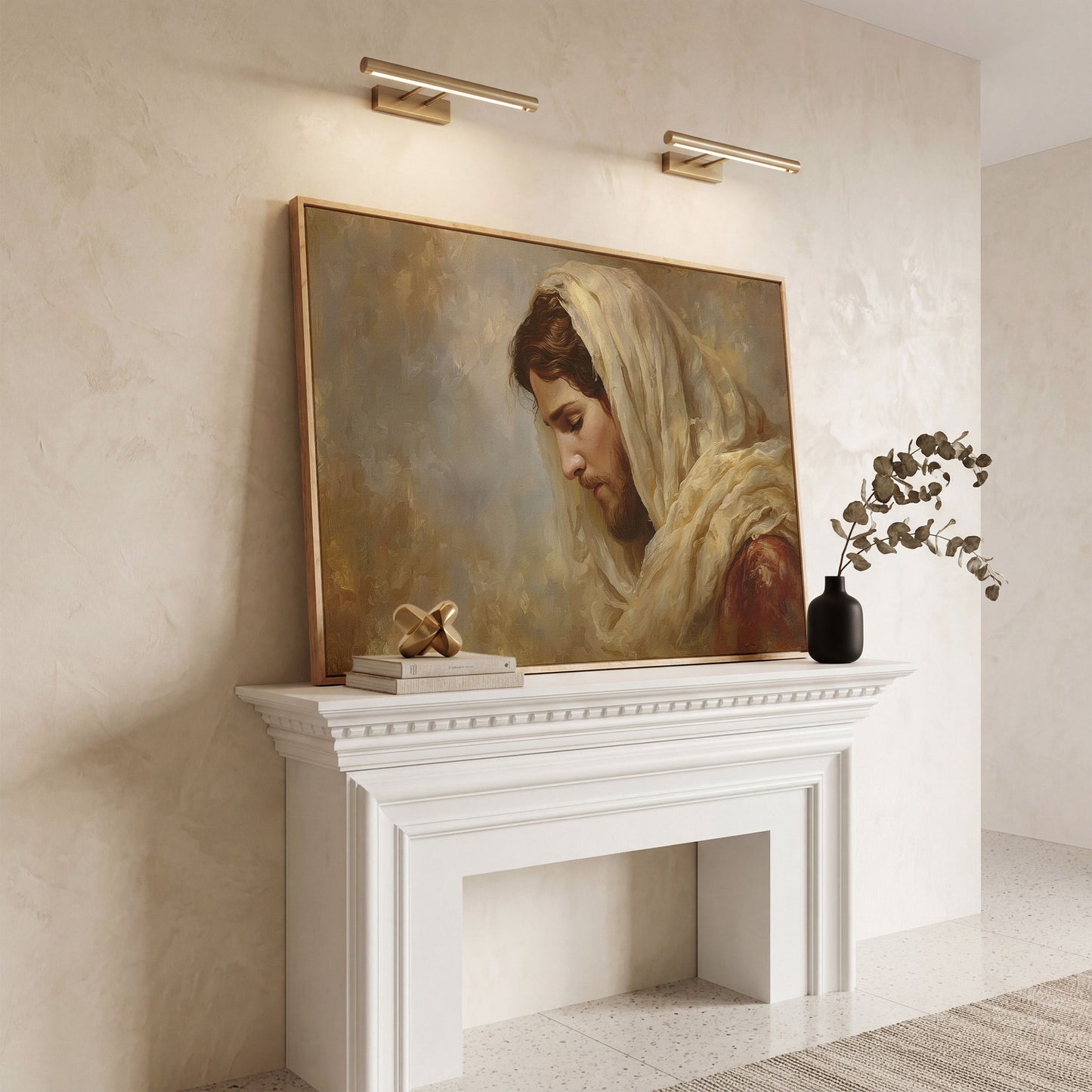 Jesus Christ Bowed in Prayer. Canvas Wall Art Portrait in white oak floating frame