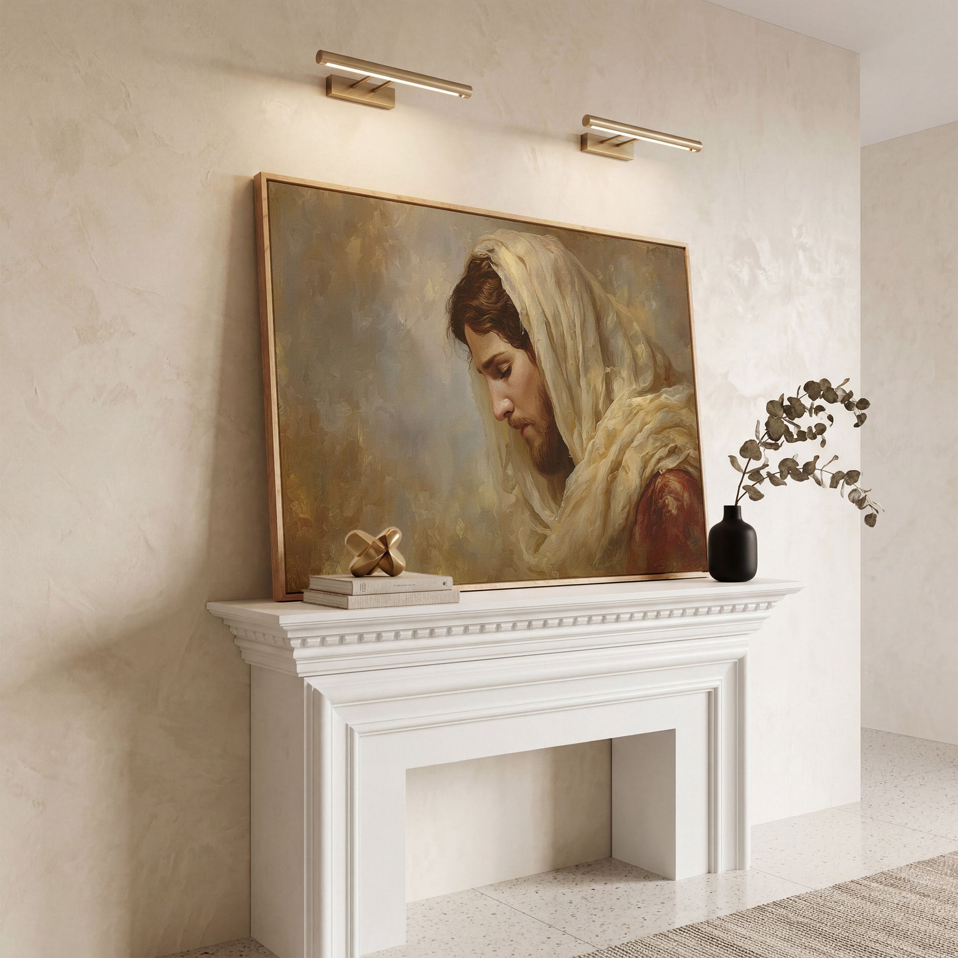 Jesus Christ Bowed in Prayer. Canvas Wall Art Portrait in white oak floating frame