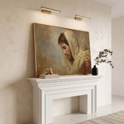 Jesus Christ Bowed in Prayer. Canvas Wall Art Portrait in white oak floating frame