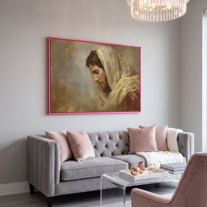 Jesus Christ Bowed in Prayer. Canvas Wall Art Portrait in pink floating frame