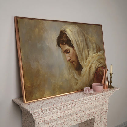 Jesus Christ Bowed in Prayer. Canvas Wall Art Portrait in rose gold floating frame