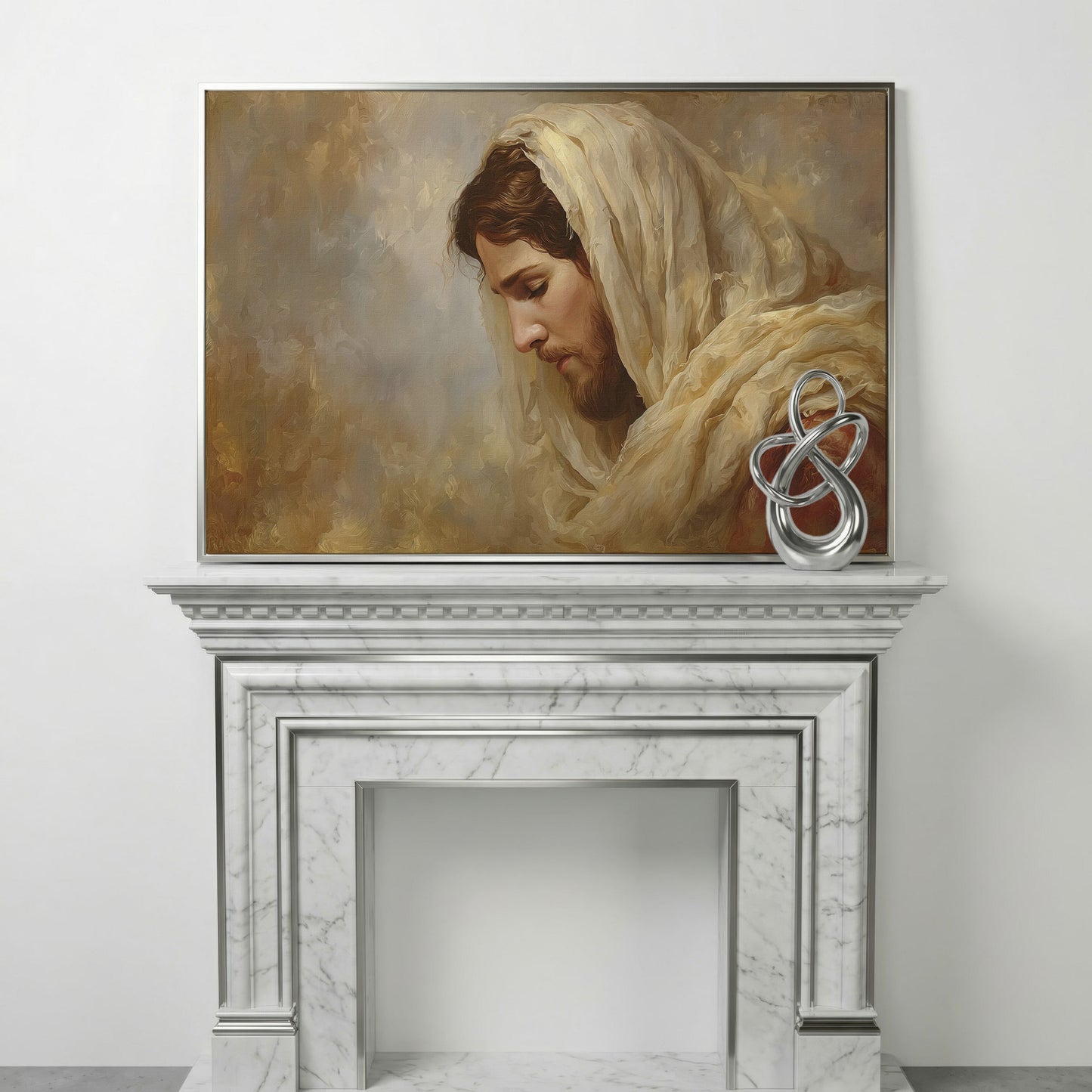 Jesus Christ Bowed in Prayer. Canvas Wall Art Portrait in silver floating frame