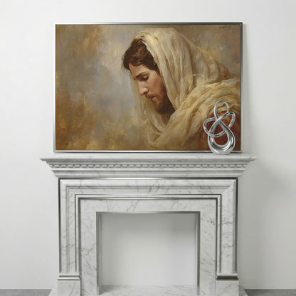 Jesus Christ Bowed in Prayer. Canvas Wall Art Portrait in silver floating frame