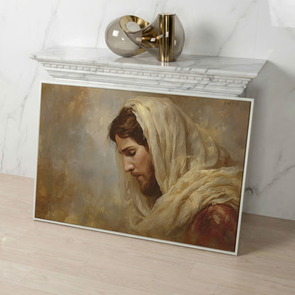 Jesus Christ Bowed in Prayer. Canvas Wall Art Portrait in white floating frame