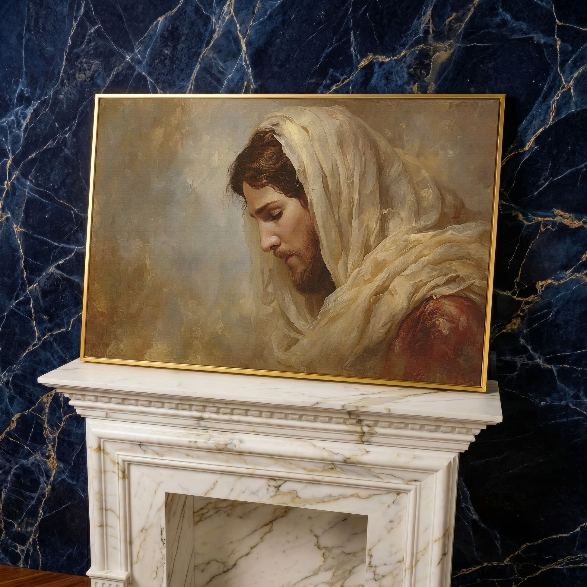 Jesus Christ Bowed in Prayer. Canvas Wall Art Portrait in yellow gold floating frame