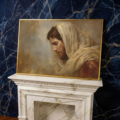 Jesus Christ Bowed in Prayer. Canvas Wall Art Portrait in yellow gold floating frame