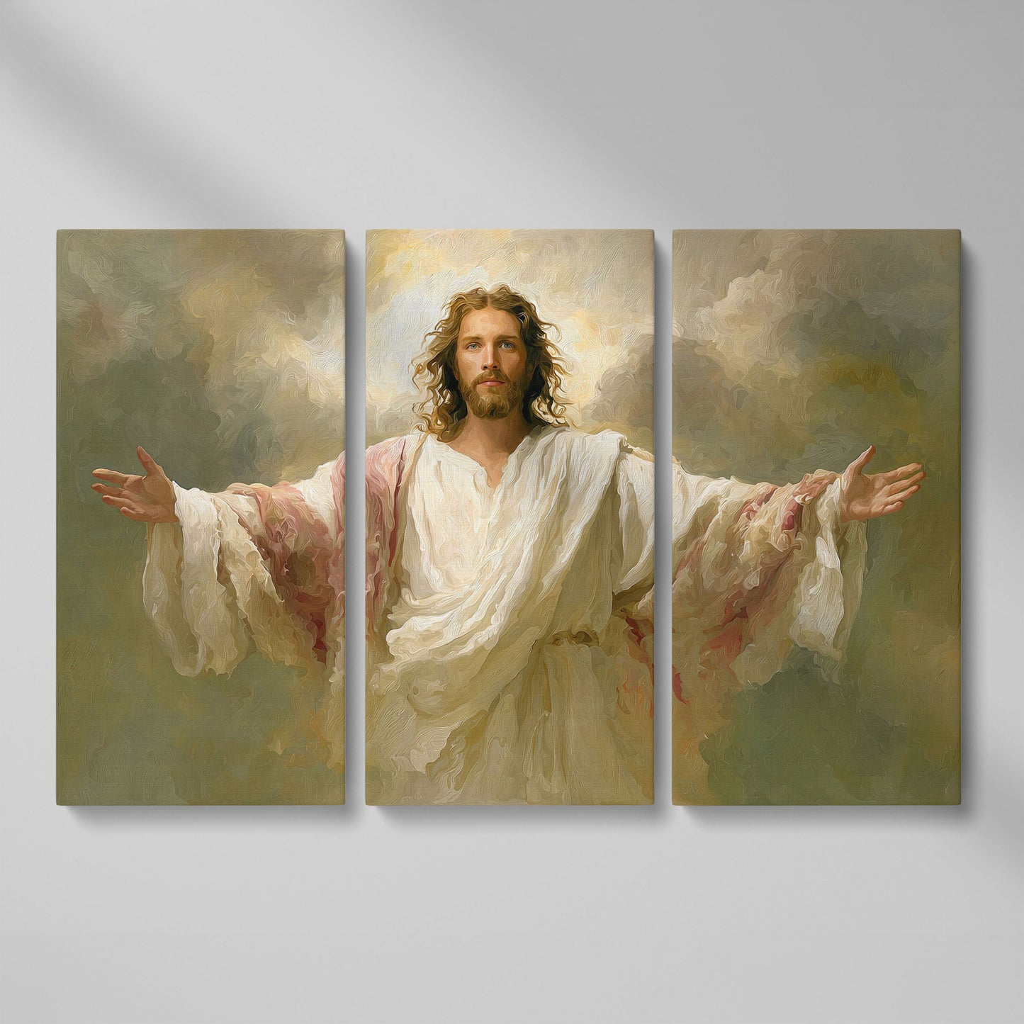 Jesus with Open Arms Canvas Wall Art, Risen Christ Painting as 3-panel split version