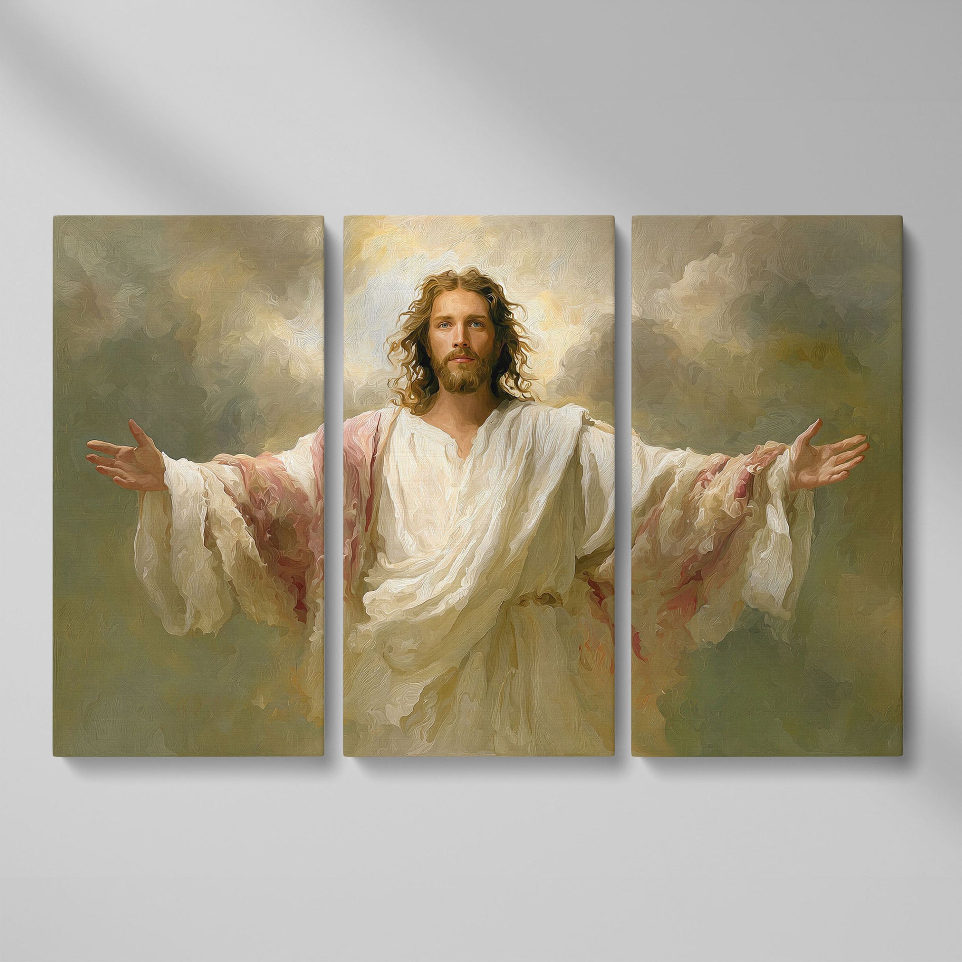 Jesus with Open Arms Canvas Wall Art, Risen Christ Painting as 3-panel split version