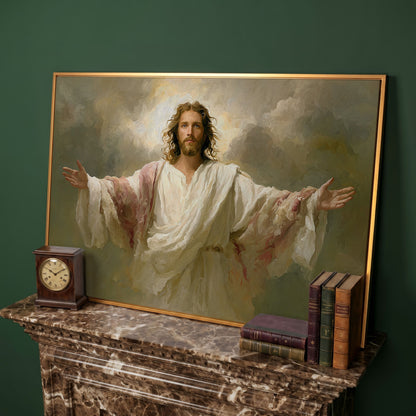 Jesus with Open Arms Canvas Wall Art, Risen Christ Painting in antique gold floating frame