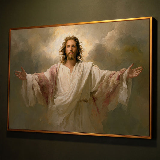 Jesus with Open Arms Canvas Wall Art, Risen Christ Painting shown in antique gold floating frame
