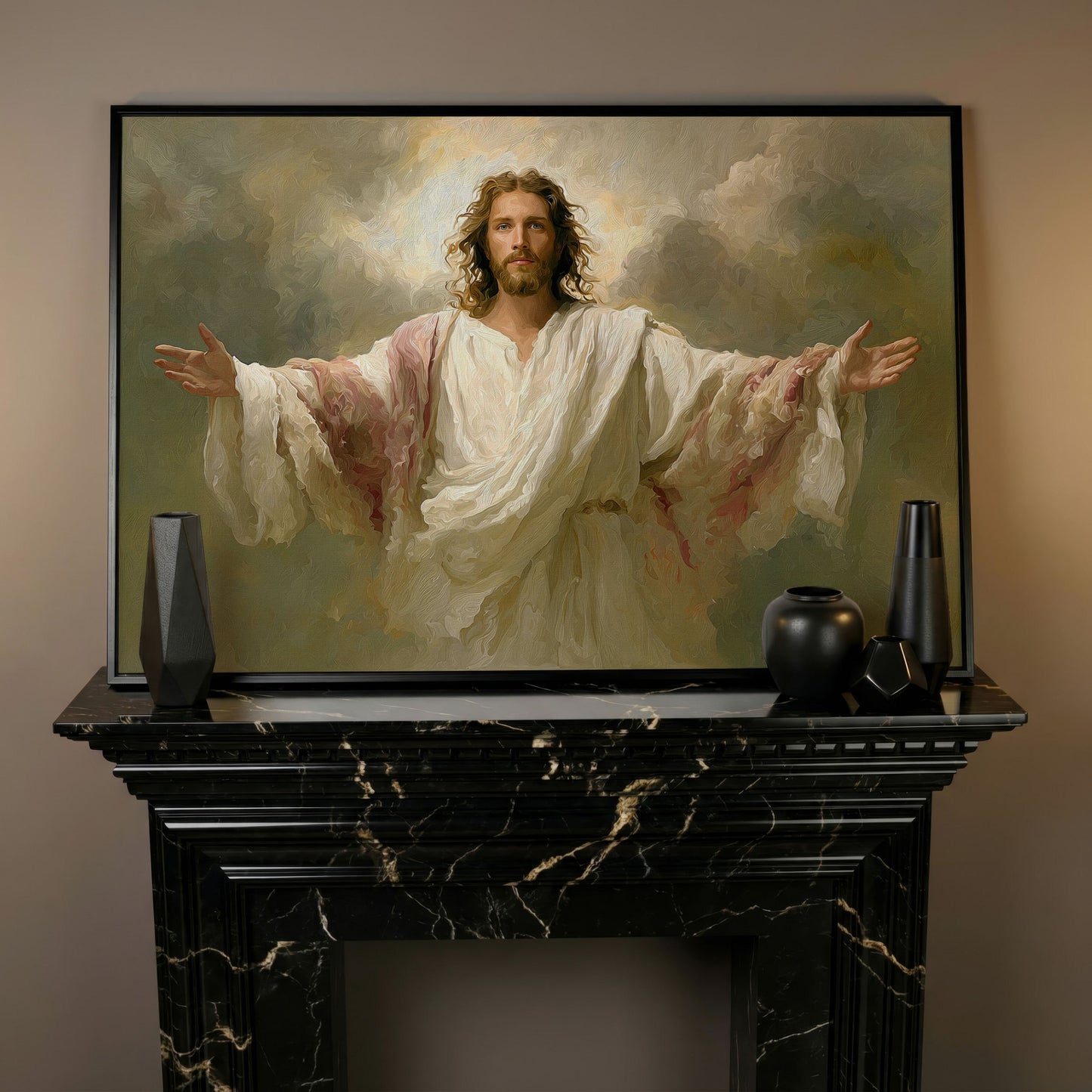 Jesus with Open Arms Canvas Wall Art, Risen Christ Painting in black floating frame