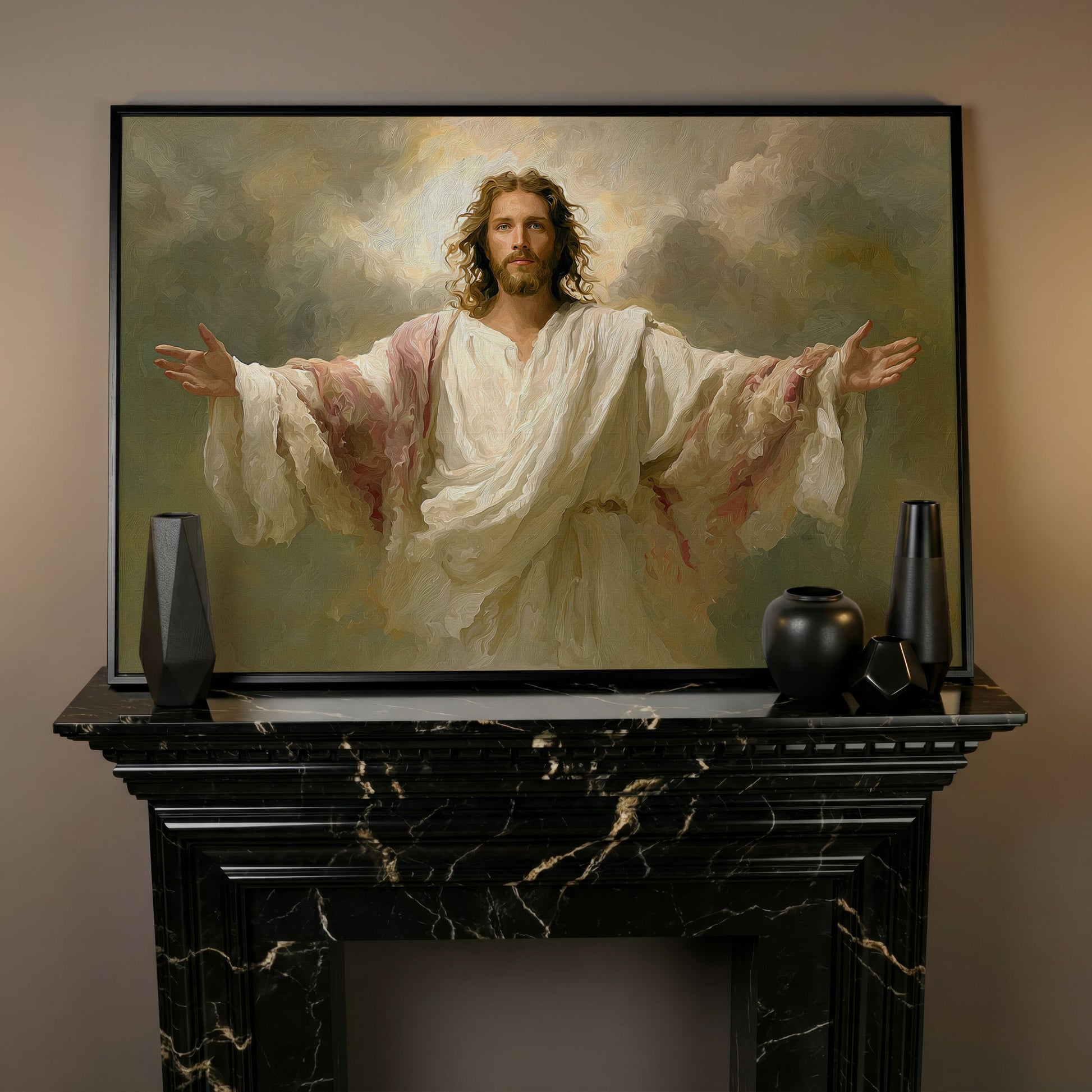 Jesus with Open Arms Canvas Wall Art, Risen Christ Painting in black floating frame