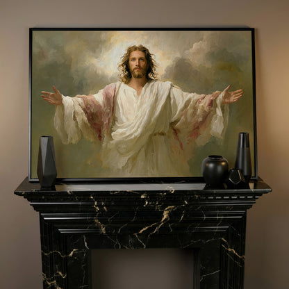 Jesus with Open Arms Canvas Wall Art, Risen Christ Painting in black floating frame