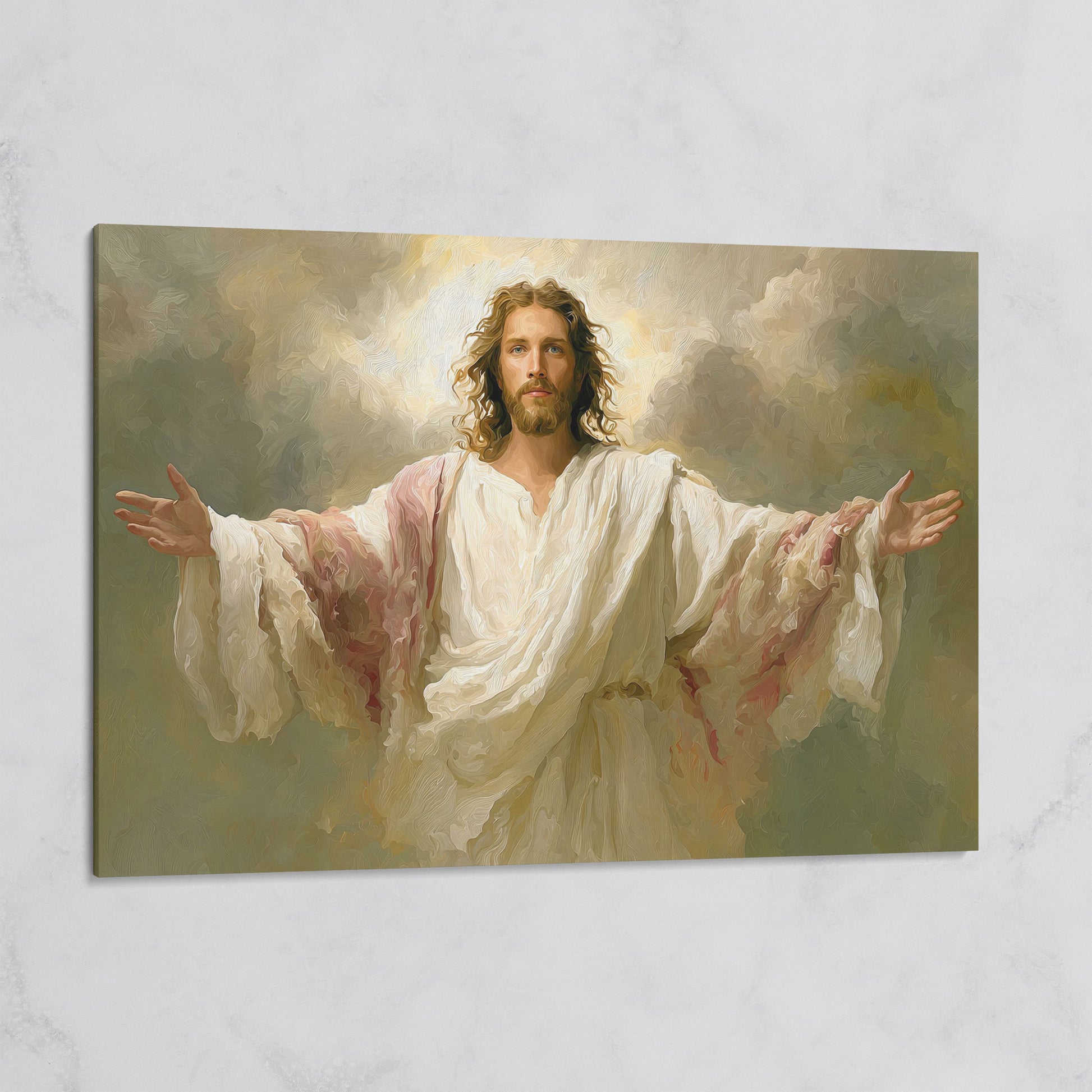Jesus with Open Arms Canvas Wall Art, Risen Christ Painting on gallery wrap
